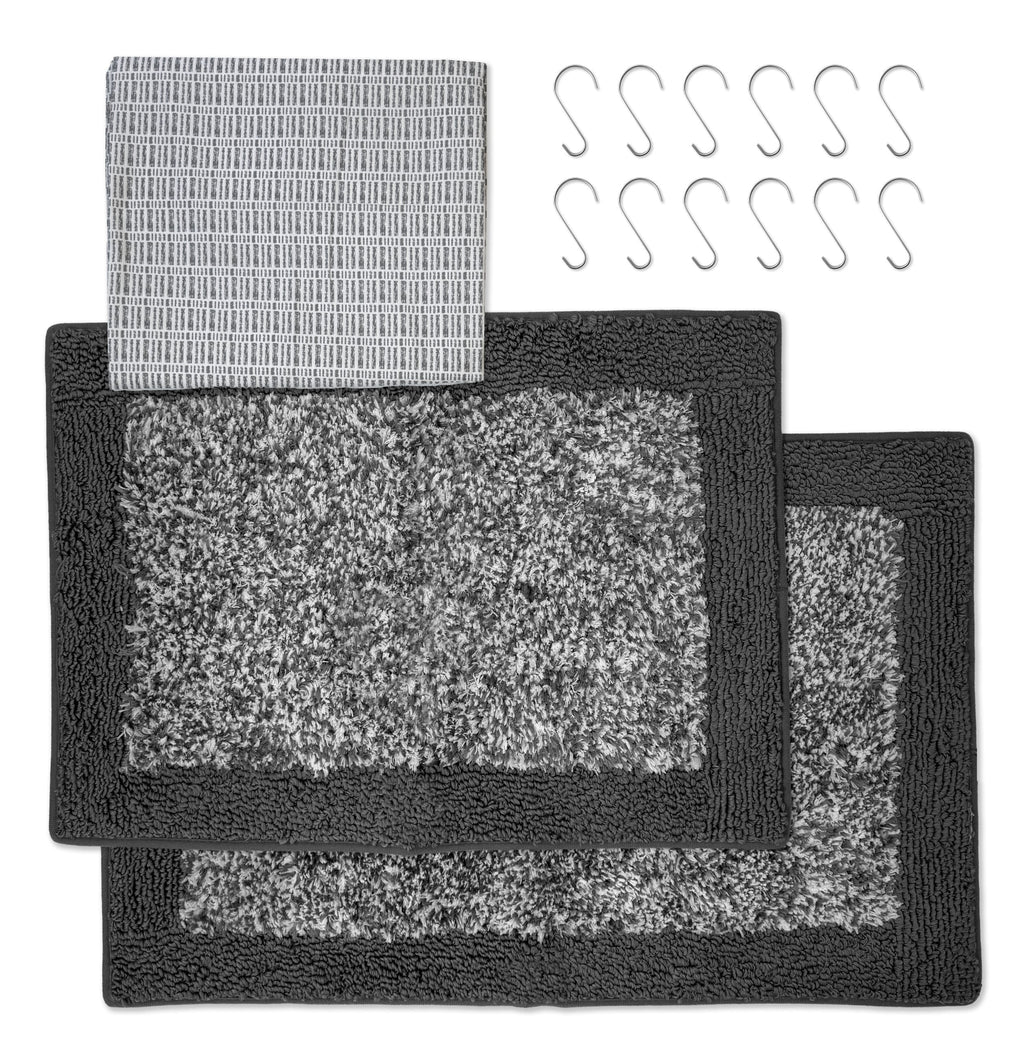 Mainstays 15-Piece Grey Blocks Bathroom Set – Geometric Shower Curtain, Bath Rugs & Hooks, Modern Washable Design