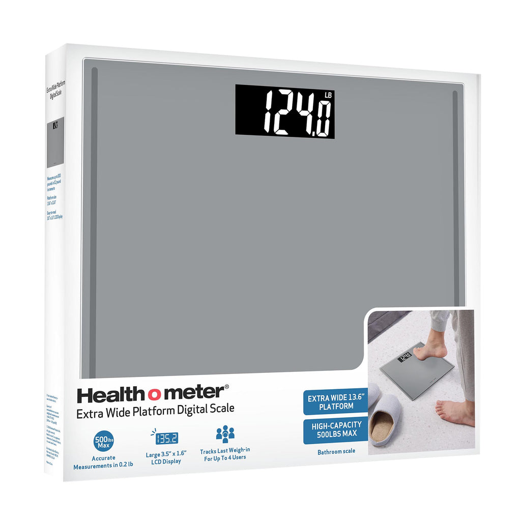 Health o meter Extra Wide Platform Digital Bathroom Scale with Advanced Technology, 500 lb Capacity, Grey