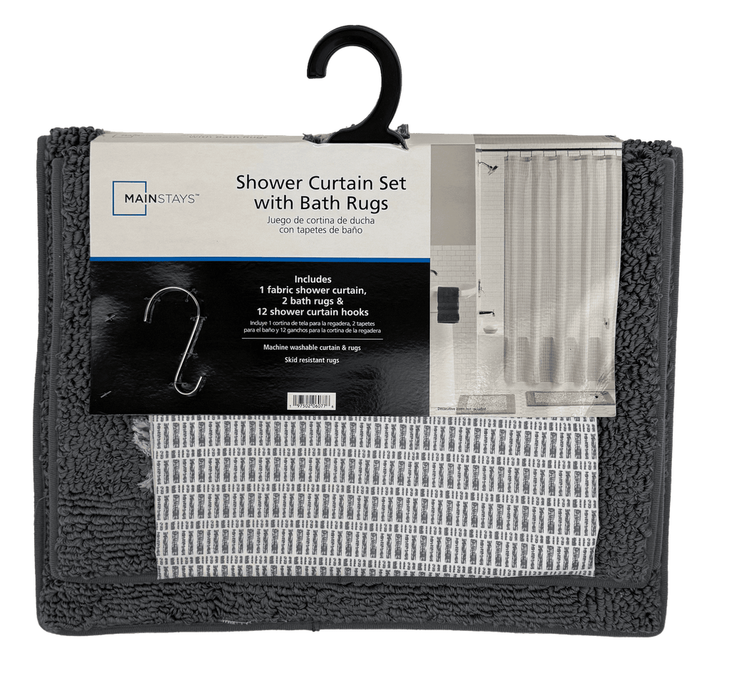 Mainstays 15-Piece Grey Blocks Bathroom Set – Geometric Shower Curtain, Bath Rugs & Hooks, Modern Washable Design