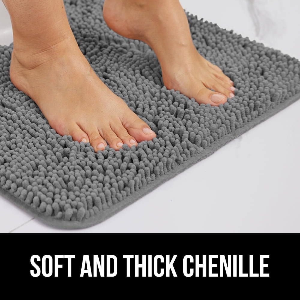 GORILLA GRIP Chenille Bath Rug 24x17, Rubber Backing Quick Dry Washable Microfiber Mats, Grey