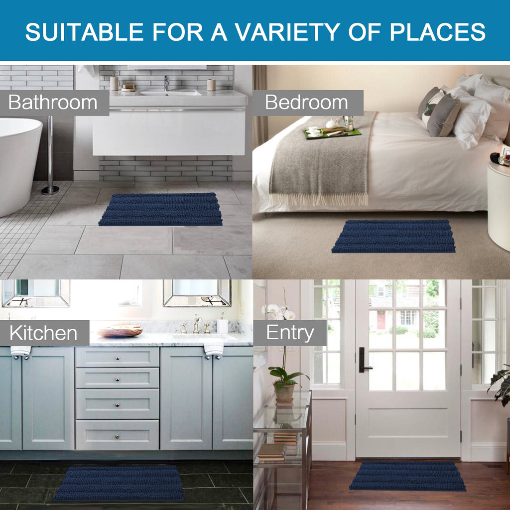 PrimeBeau Chenille Shaggy Rug Collection Contemporary Solid Print Navy Microfiber Polyester Bath Rugs, 20" x 32" Plus 17" x 24", Machine Washable, 2 Count
