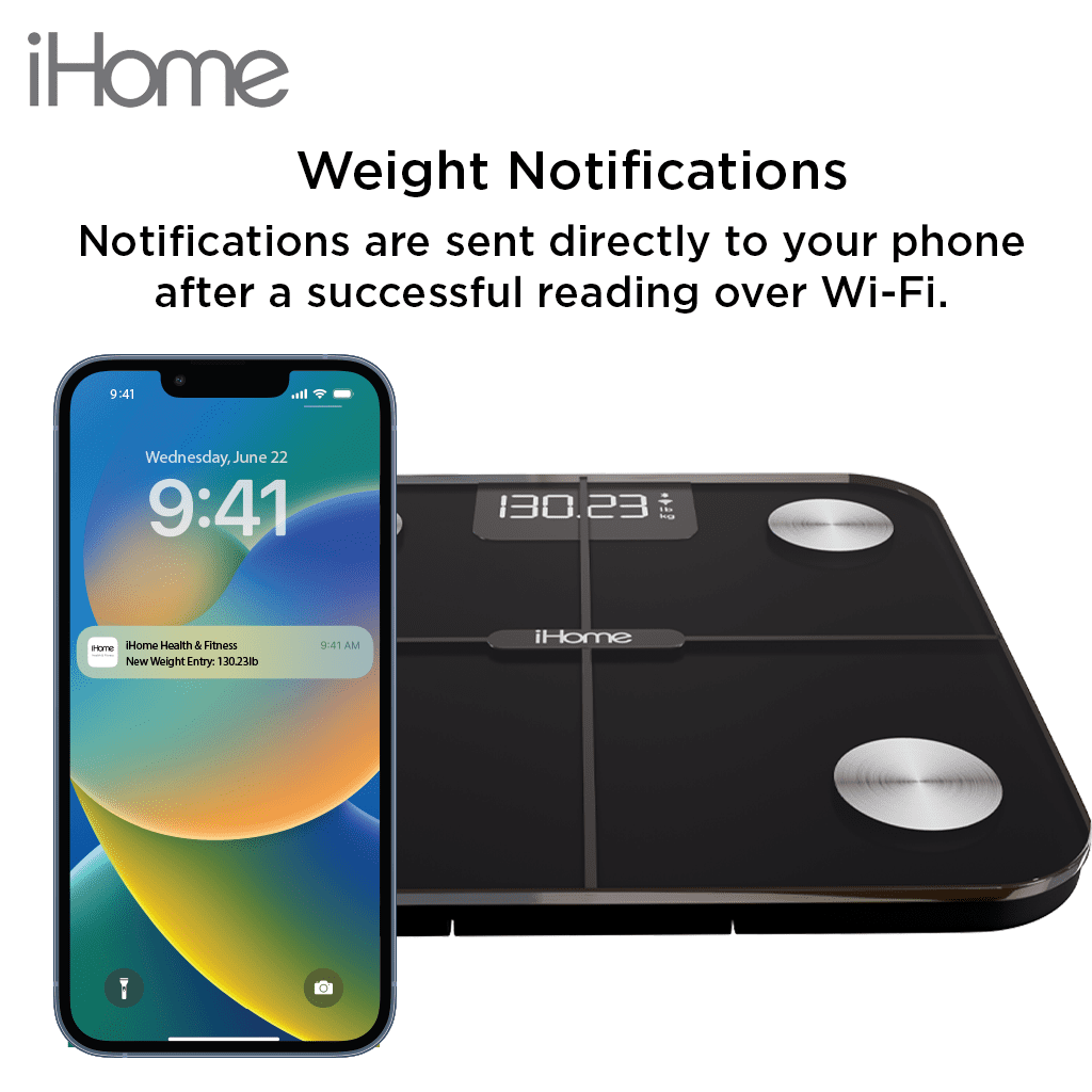 iHome Smart Wi-Fi Digital Battery Powered Bathroom Scale, Body Weight & BMI, 397 lbs with Fit+ Personal Coach App, FSA and HSA Eligible, Black