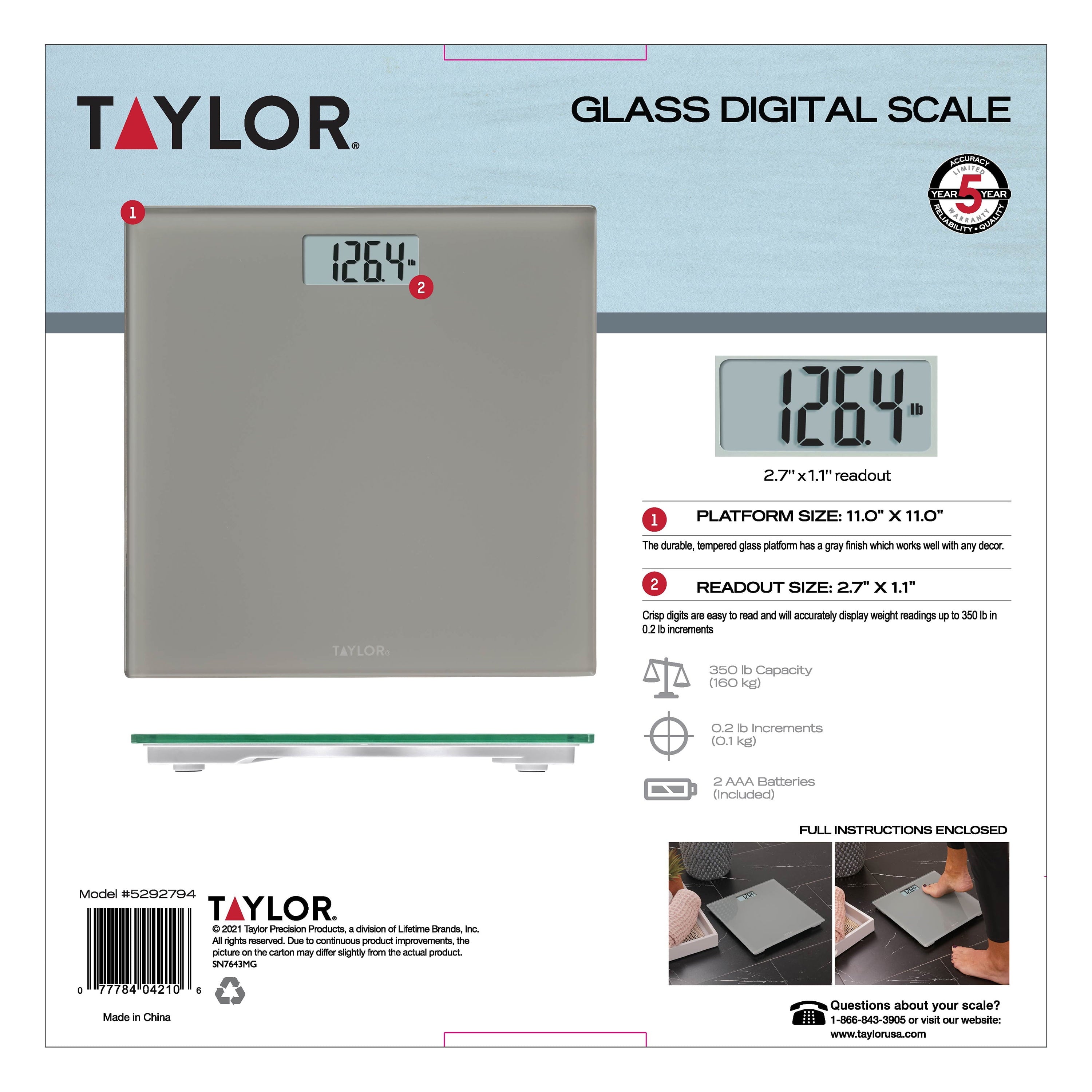 Taylor 11.0" x 11.0" Digital Glass Body Weight Scale Battery Powered, FSA HSA Eligible, 350 lb Capacity, Gray