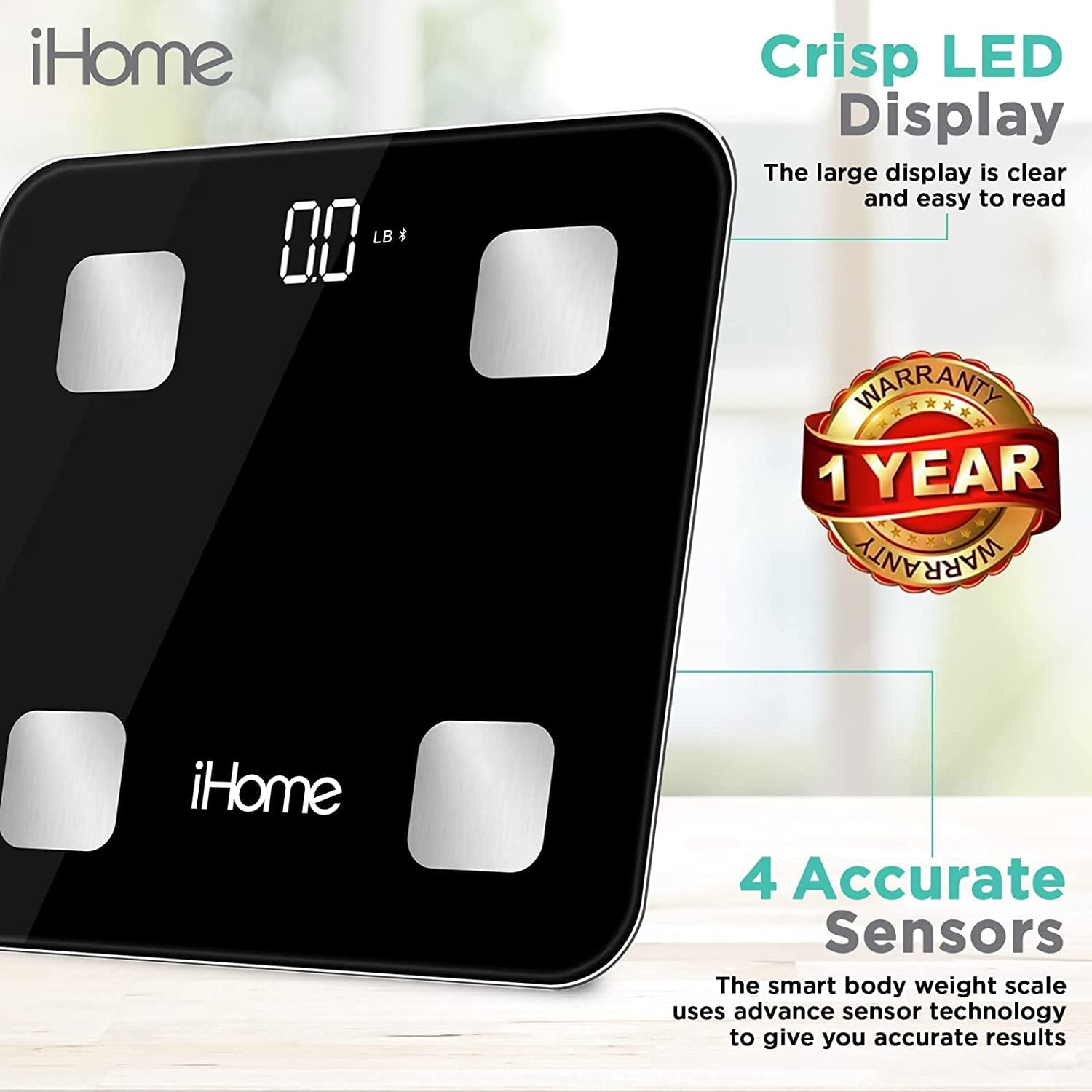 iHome Smart Bluetooth Digital Battery Powered Bathroom Scale, Body Weight & BMI Weighing 397 lbs with Fit+ Personal Coach App, FSA and HSA Eligible, Black