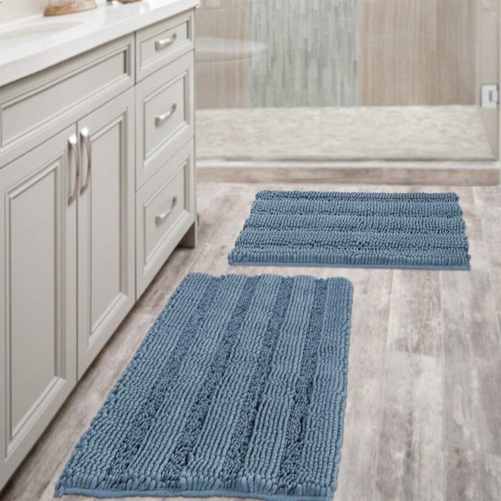 PrimeBeau Chenille Shaggy Rug Collection Contemporary Solid Print Navy Microfiber Polyester Bath Rugs, 20" x 32" Plus 17" x 24", Machine Washable, 2 Count