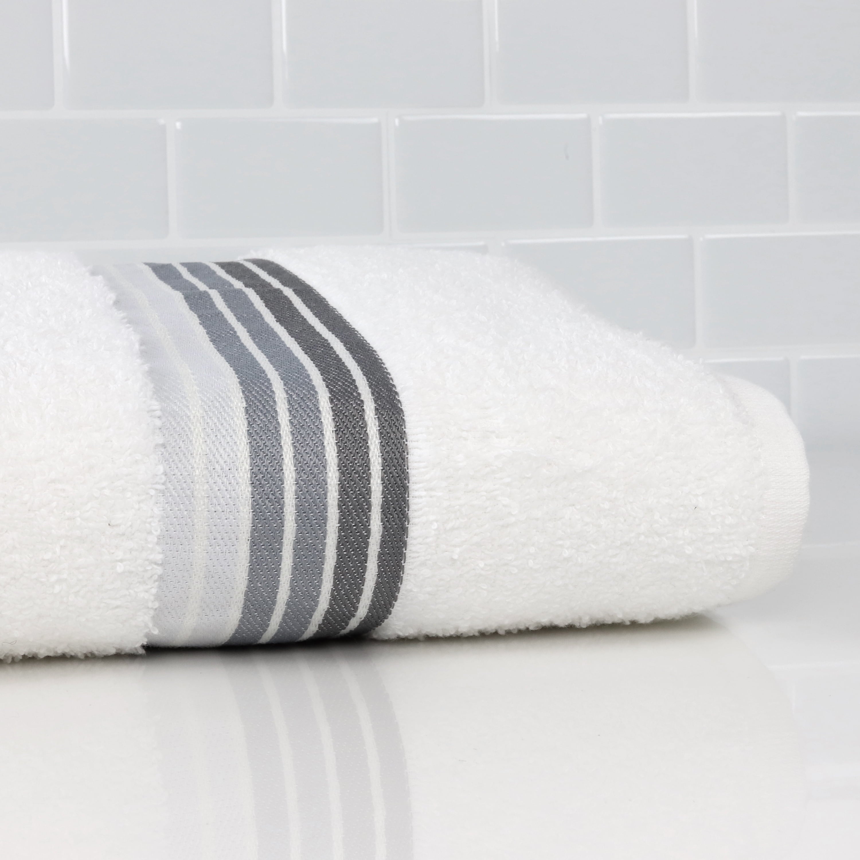 Mainstays Basic Bath Towel, Soft 100%  Cotton and Highly Absorbent Striped Bath Towel, White