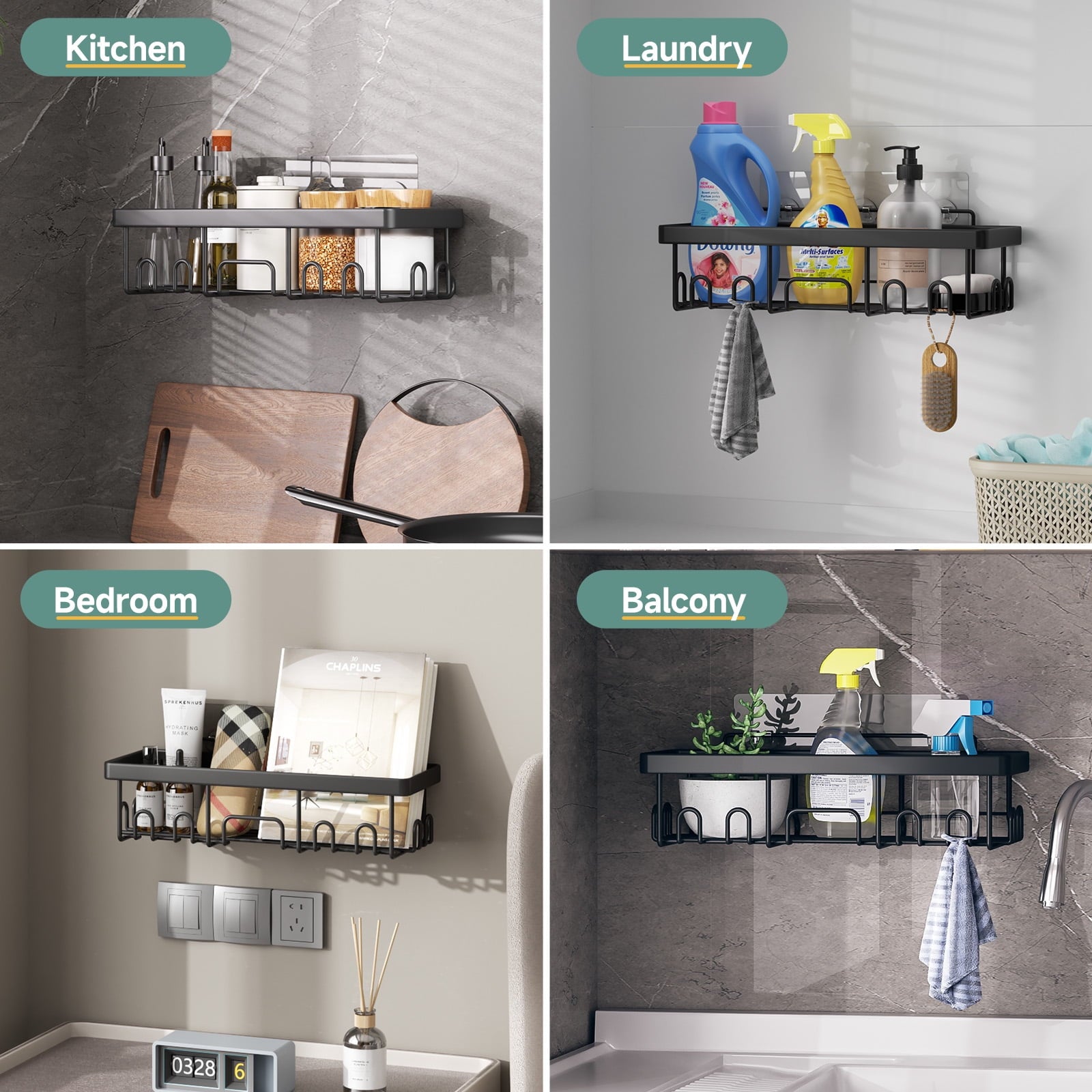 Ophanie Adhesive Shower Caddy 6 Pack, Large Capacity Bathroom Organizers and Storage, No Drilling Wall-Mounted Basket, Black