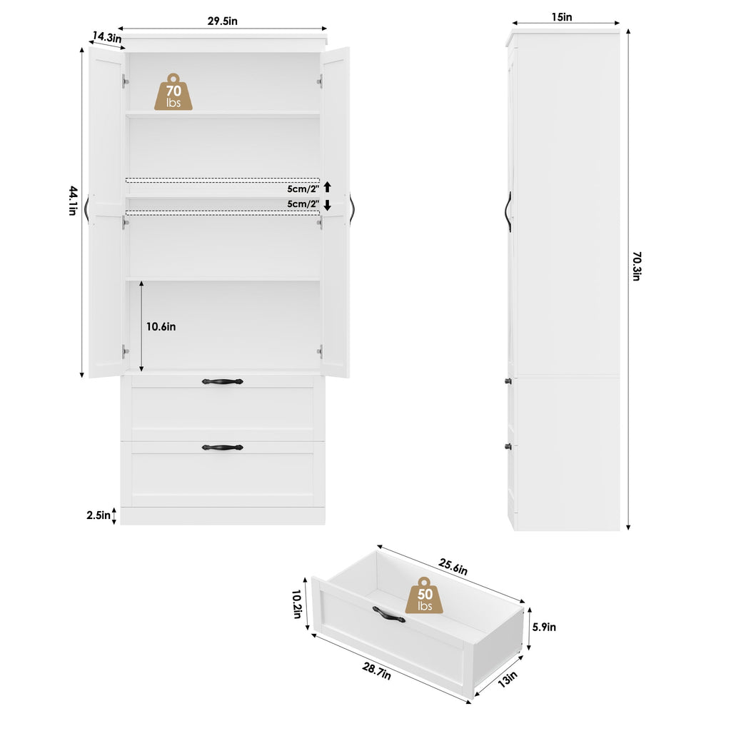 Homfa 70.3"H Bathroom Storage Cabinet, Farmhouse Linen Storage Cabinet with 2 Drawers, White