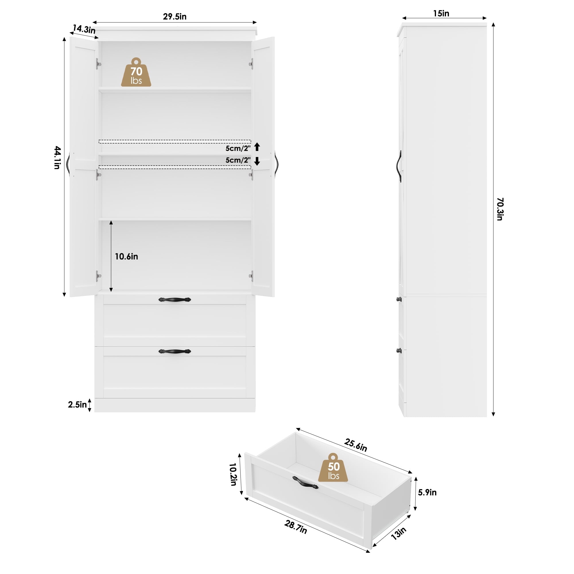 Homfa 70.3"H Bathroom Storage Cabinet, Farmhouse Linen Storage Cabinet with 2 Drawers, White