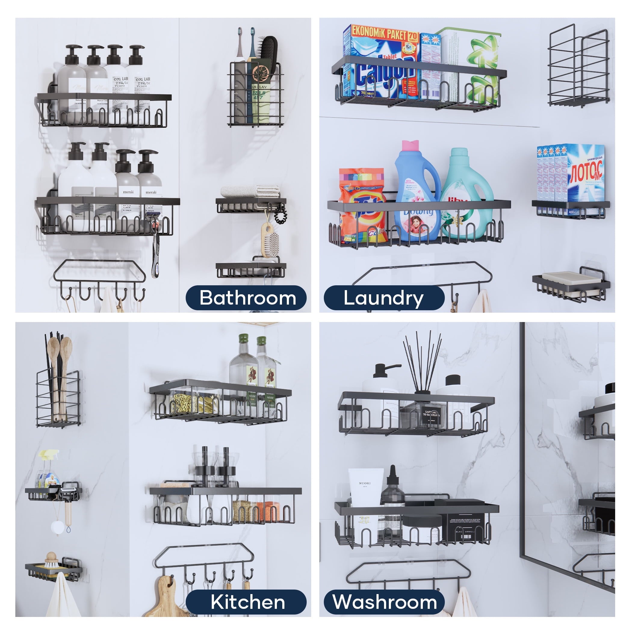 Topritt Shower Caddy 6 Pack, Adhesive Shower Organizer with Soap Holder, Large Capacity, No-Drill Wall Mounted Bathroom Organizer Basket for Bathroom & Kitchen Storage, Black