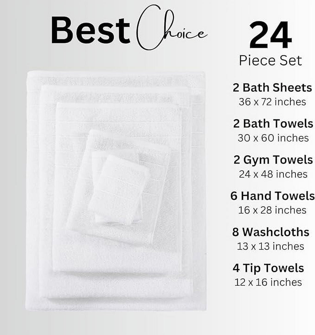 Casa Platino 100% Ring-Spun Cotton Bath Towels Set of 24 - 2 Bath Sheets, 2 Gym Towel, 2 Bath, 4 Fingertip, 6 Hand, 8 Washcloths, Gentle on Body, Quick Dry, Everyday Use – White